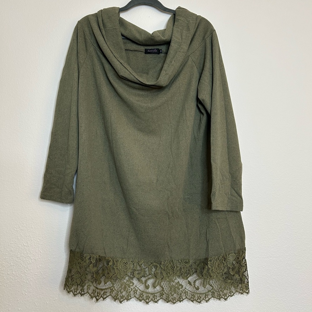 NWOT - Amaryllis- Olive Green Long Sleeve Sweater- embroidered lace on Bottom
